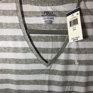 NWT Ralph Lauren V neck Tee S Grey/White Stripe